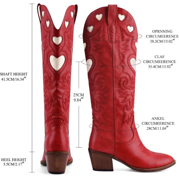 Women's Red Wide Calf Round Toe Chunky Stacked Heel Knee High Cowgirl Boot - Picture 6 of 9